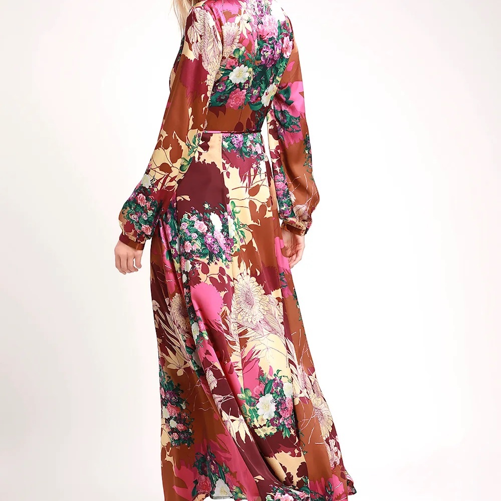 Put on a Smile Burgundy Floral Print Satin Wrap Maxi Dress (NWOT)